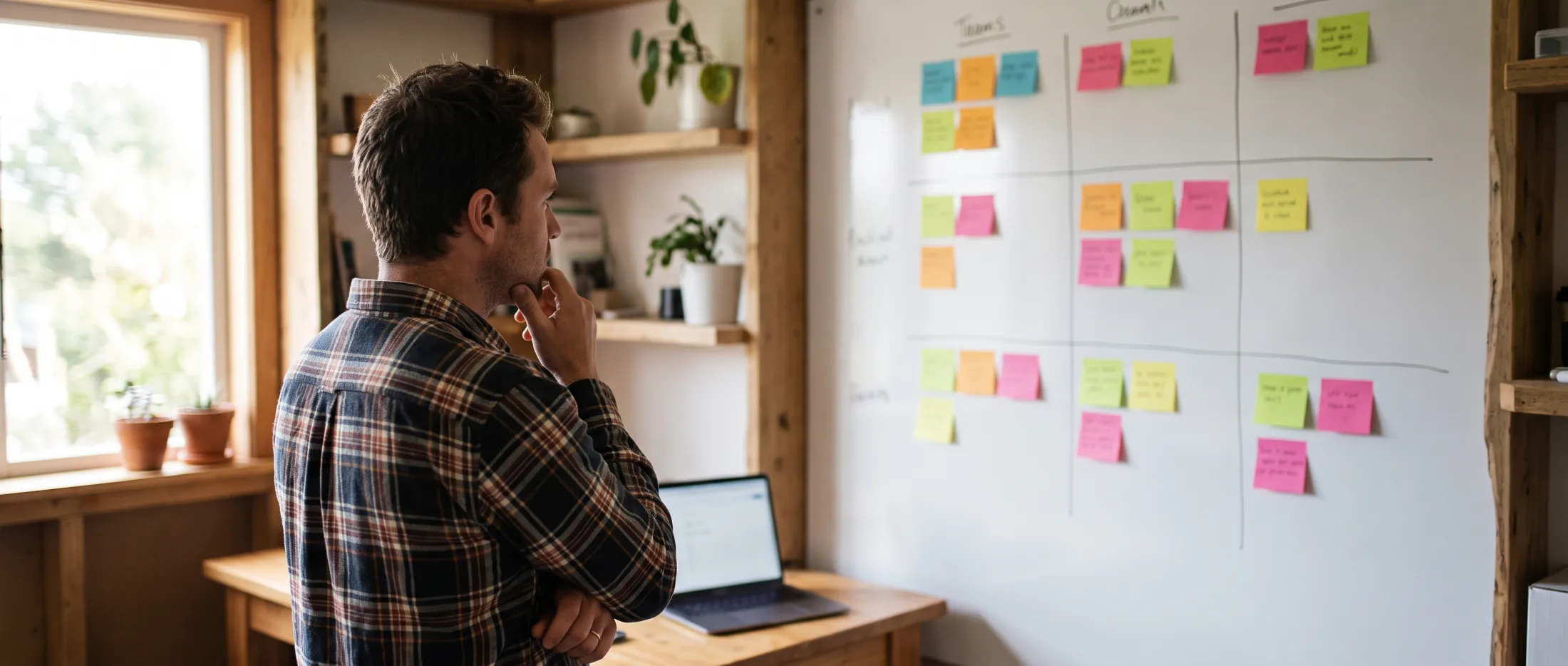 Owner-operator mapping their business model with sticky notes