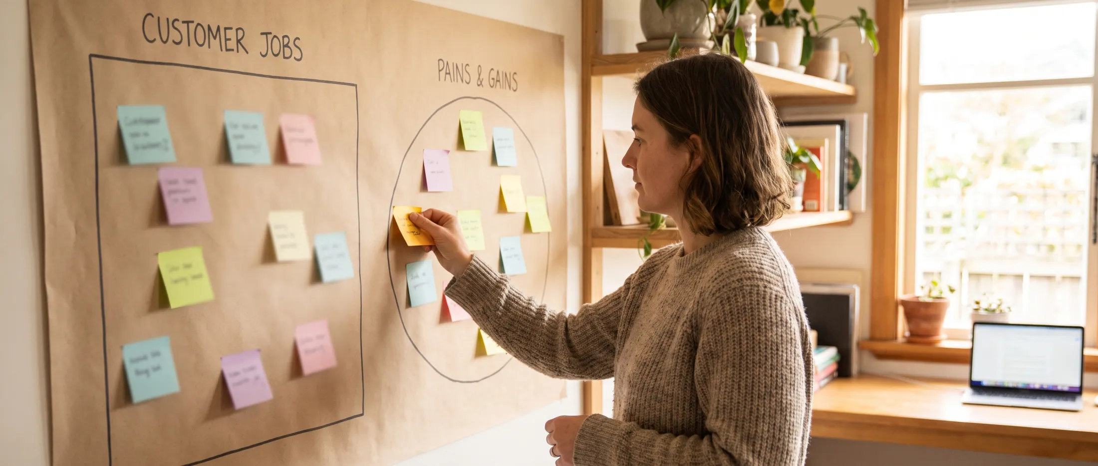 Customer jobs, pains and gains mapped on sticky notes